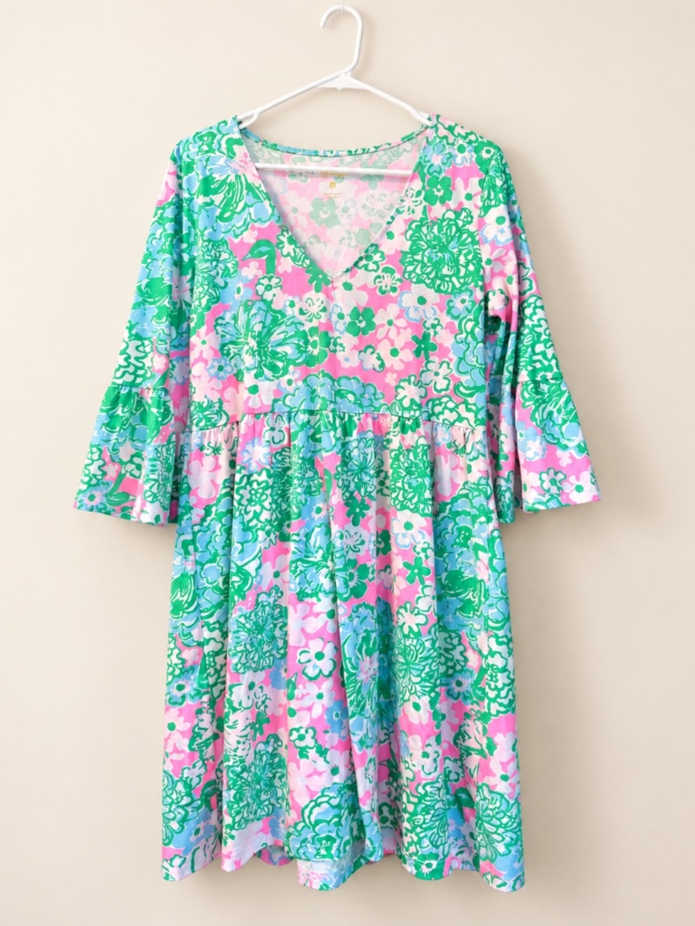 Lilly Pulitzer Pink Green Floral Pima Cotton Bell Sleeve Dress M
